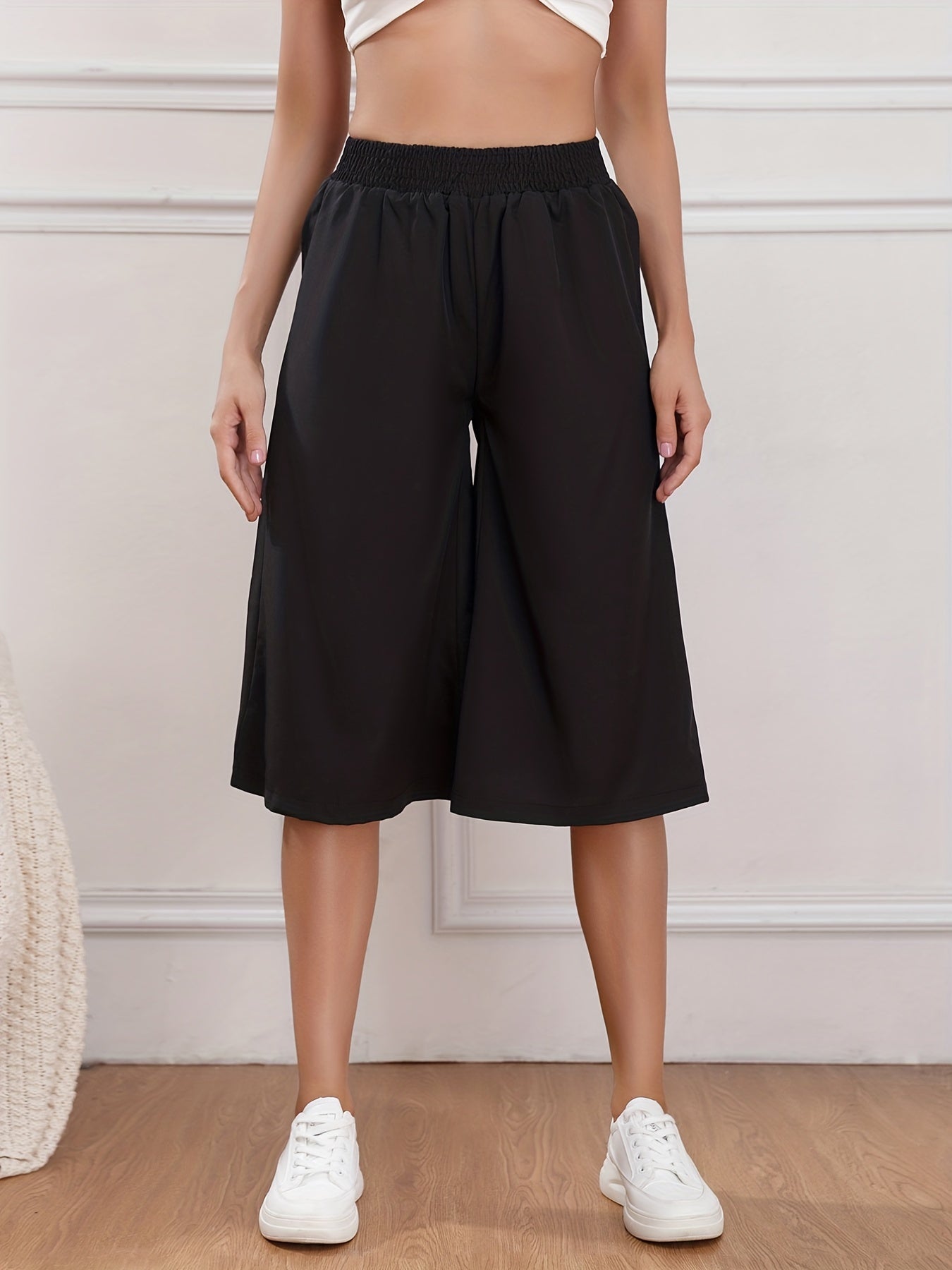 Cropped Wide Leg Pants Loose Fit Shirred Waist Casual