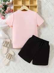 2pcs Girls Figure & Letter Graphic T Shirts & Shorts Set