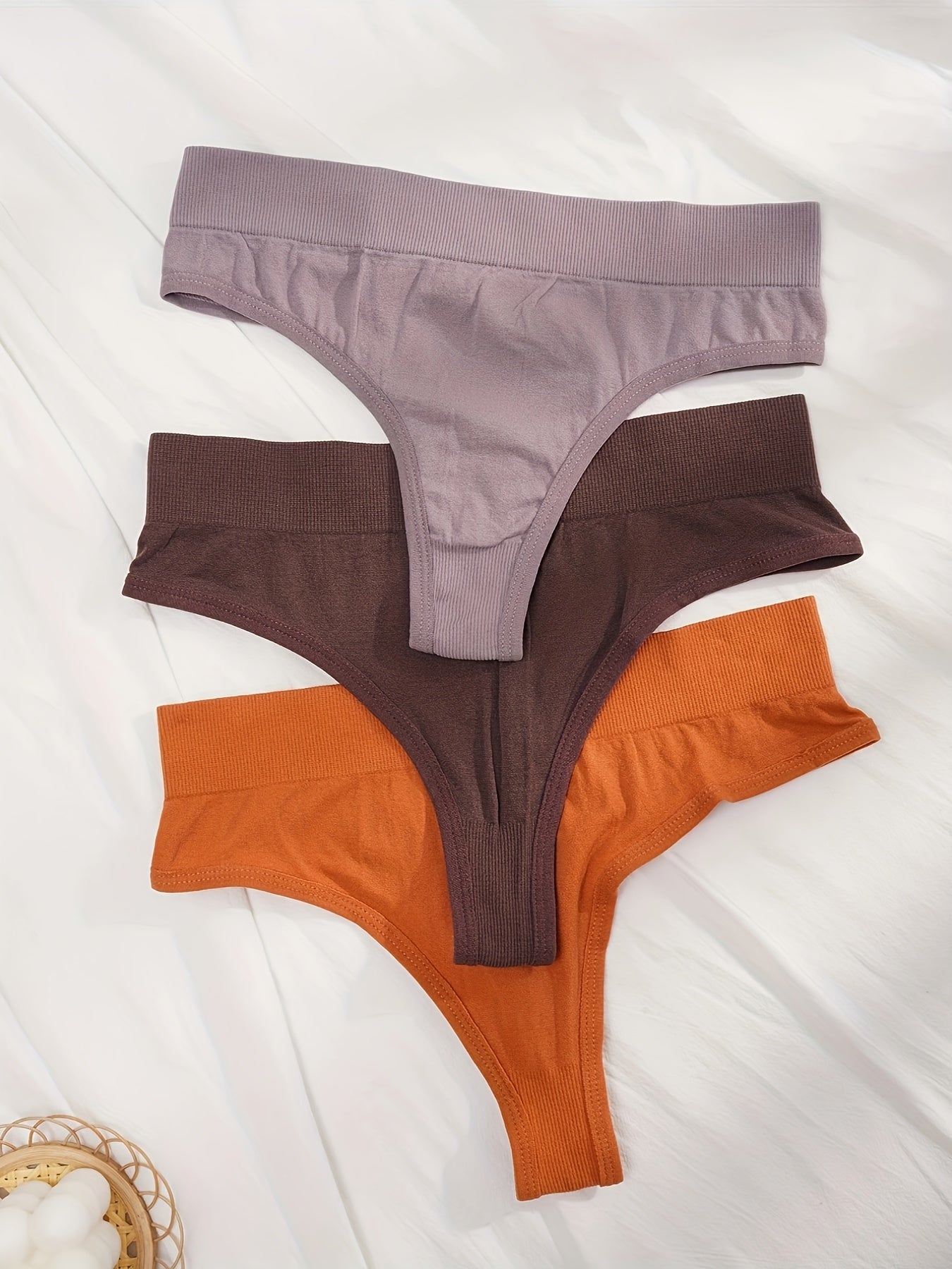 Solid Ribbed Bra & Panties Set Stretch Wireless Bra & Thong Lingerie