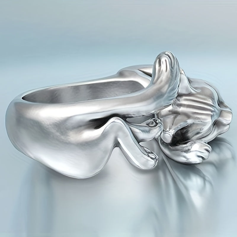 Vintage Silver Plated Cat Totem Ring - Kitty Opening Cat Ring