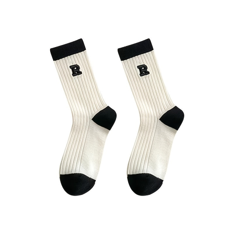 5pairs Combed Letter Big R College Style Sports Socks Women's Socks
