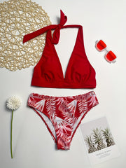 Cutout Lace Trim Halter Neck Red Solid Bra Top High Waist Plum Leaf Print Bikini