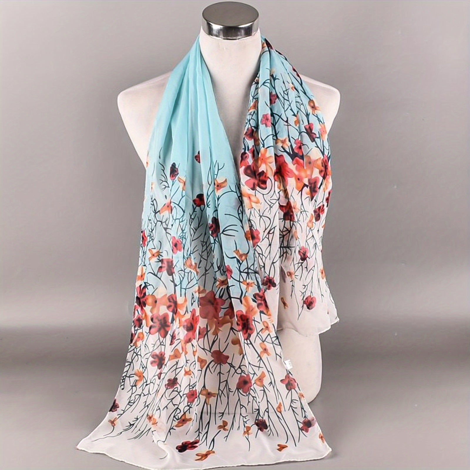 Gradient Floral Printed Chiffon Scarf Silk Head Wrap Sunscreen