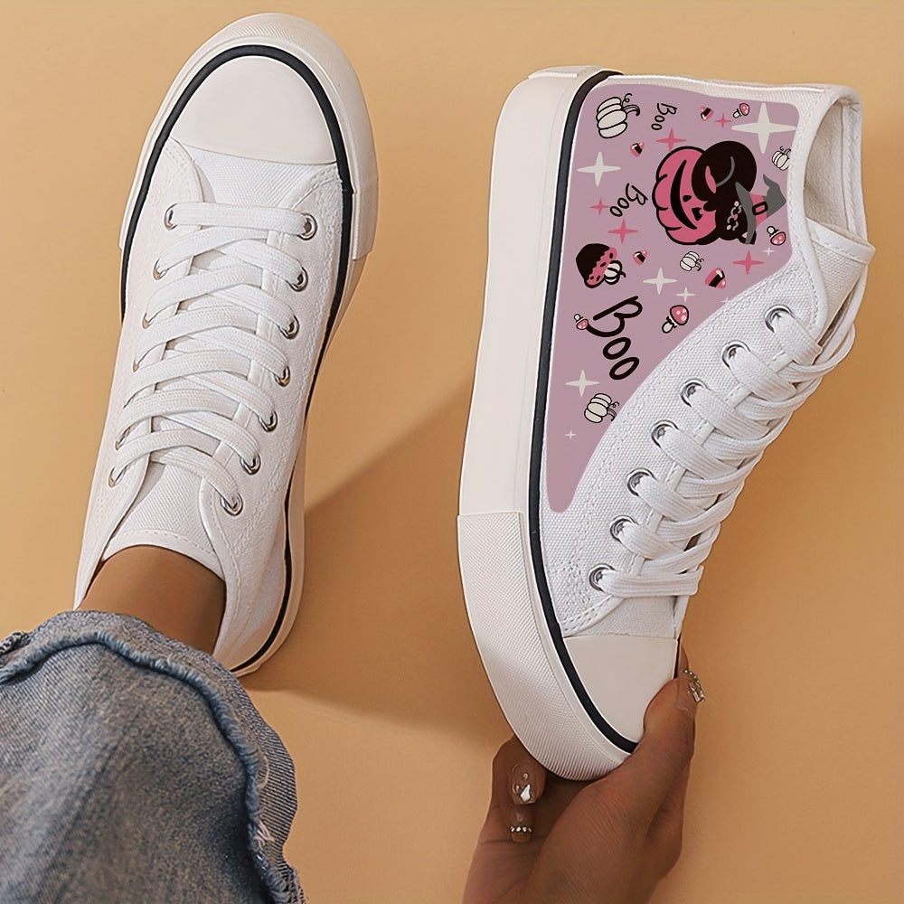 Cartoon Print High Top Canvas Sneakers Lace Up Skate Shoes