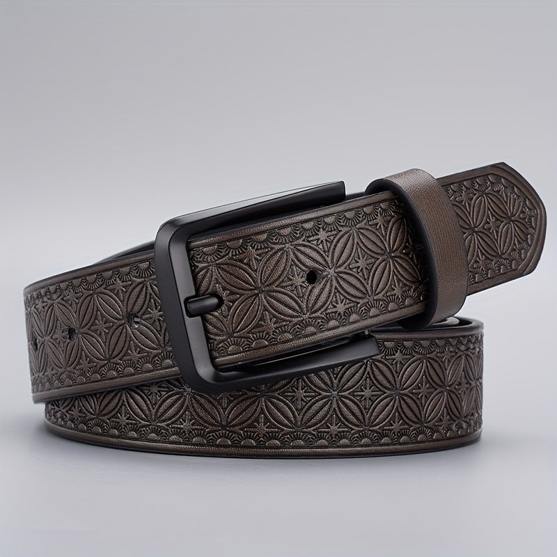 Men's Retro Flowers Pattern Buckle Belt Decorative PU Leather Belt