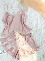 Satin Pajama Set V Neck Cami & Ruffle Shorts Sleepwear