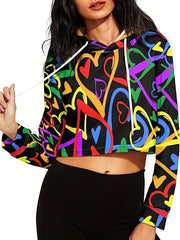 Cow Printed Drawstring Hoodie Long Sleeve Sweatshirt Women's Tops