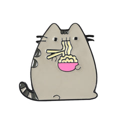 Cute Gray Cat Eating Noodle Brooch