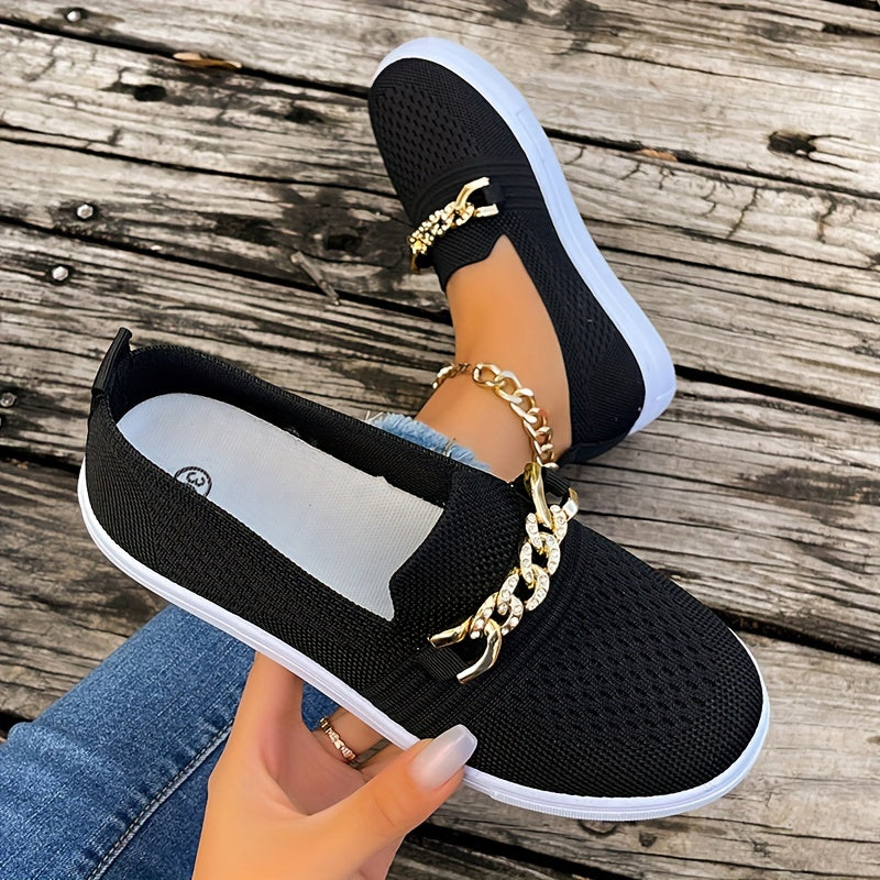 Women's Chain Decor Walking Shoes Round Toe Comfy Sports Sneakers