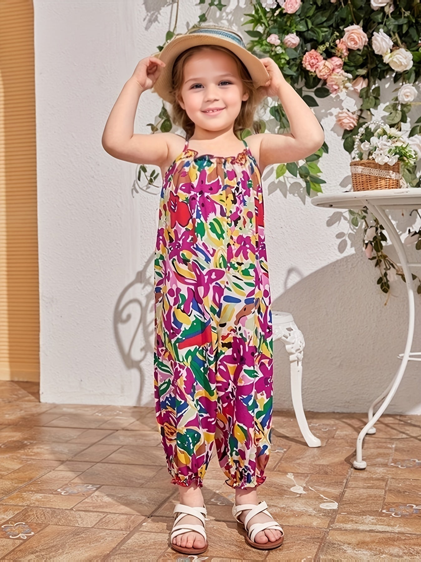 Girls Colorful Graffiti Cami Jumpsuit Halter Neck Casual Long Jumpsuit
