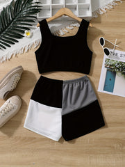 Girls' 2pcs Casual Suit Sleeveless T Shirt And Colorblock Shorts Set
