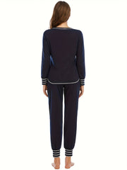 Striped Print Lounge Set Long Sleeve Crew Neck Top & Lace Up Pants