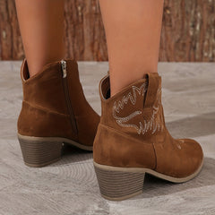 Women's Embroidery Ankle Boots Chunky Heeled Cowboy Slip On Short Boots