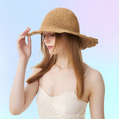 Brown Ruffles Straw Sun Hat Crochet Bucket Hat Wide Brim Beach Hats
