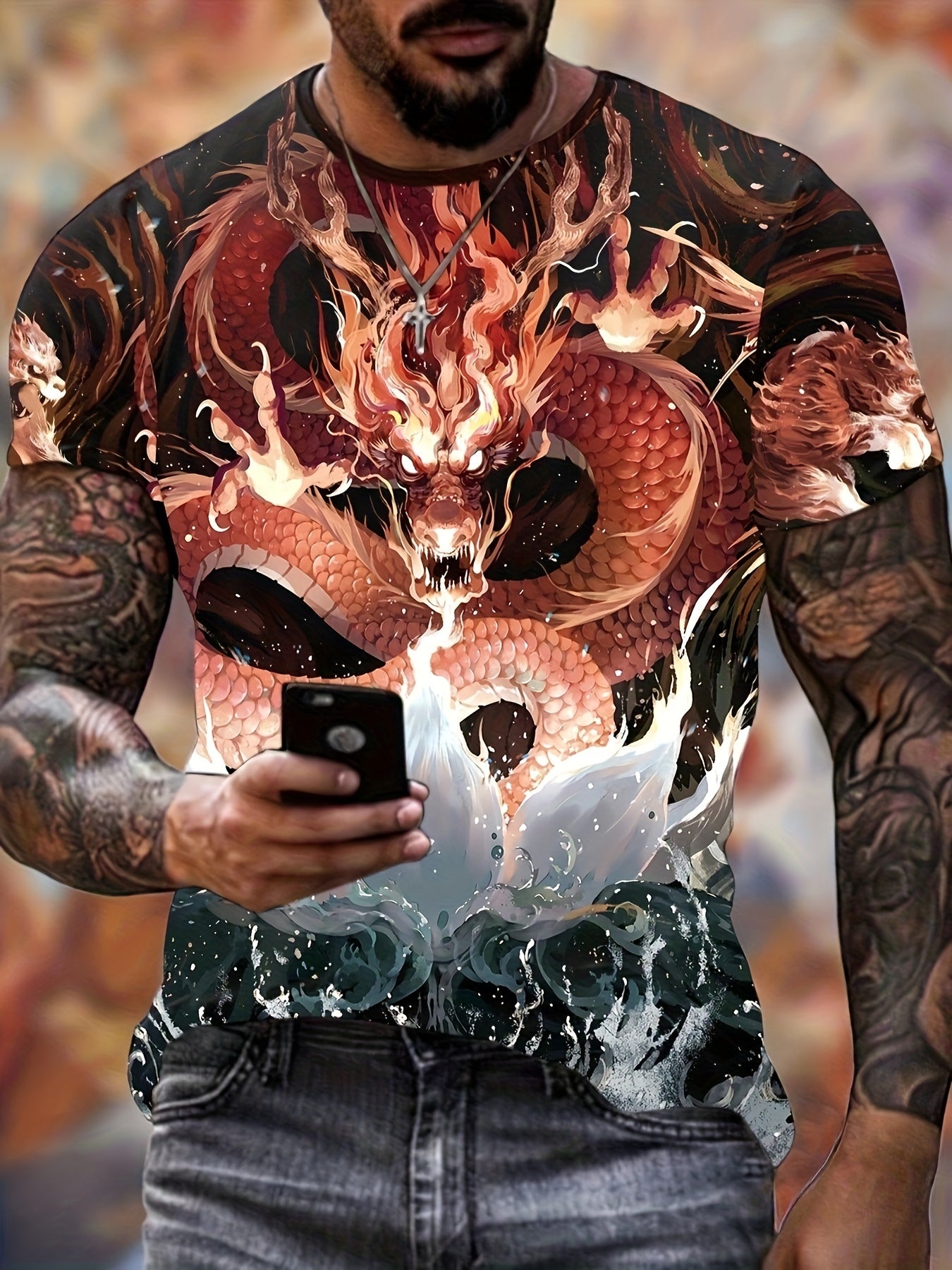 Dragon Pattern 3D Print Tee Men's Street Style Round Neck Shirt