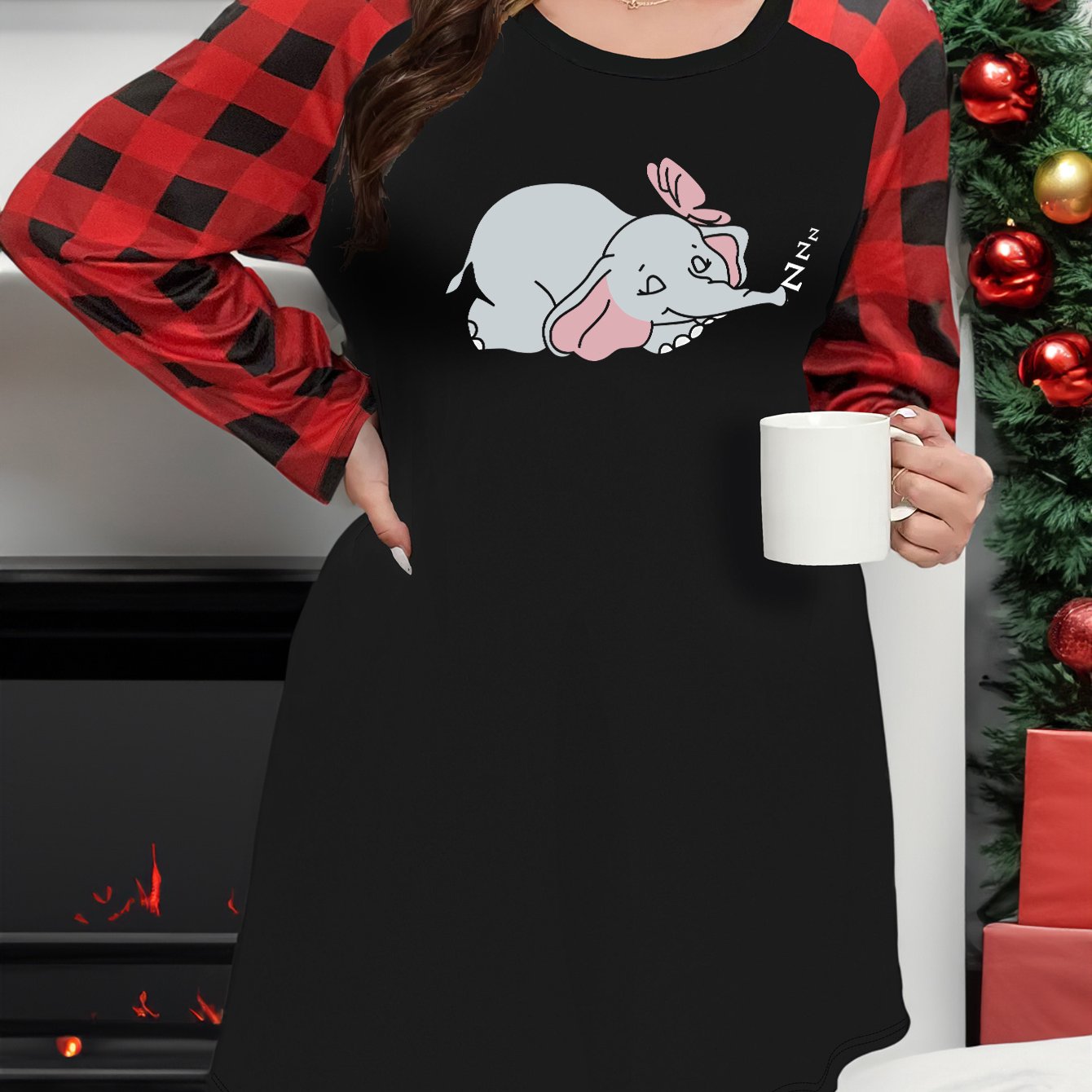 Cartoon Elephant & Butterfly Print Plaid Raglan Sleeve Nightdress