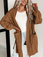 Solid Cable Knit Open Front Cardigan With Pockets