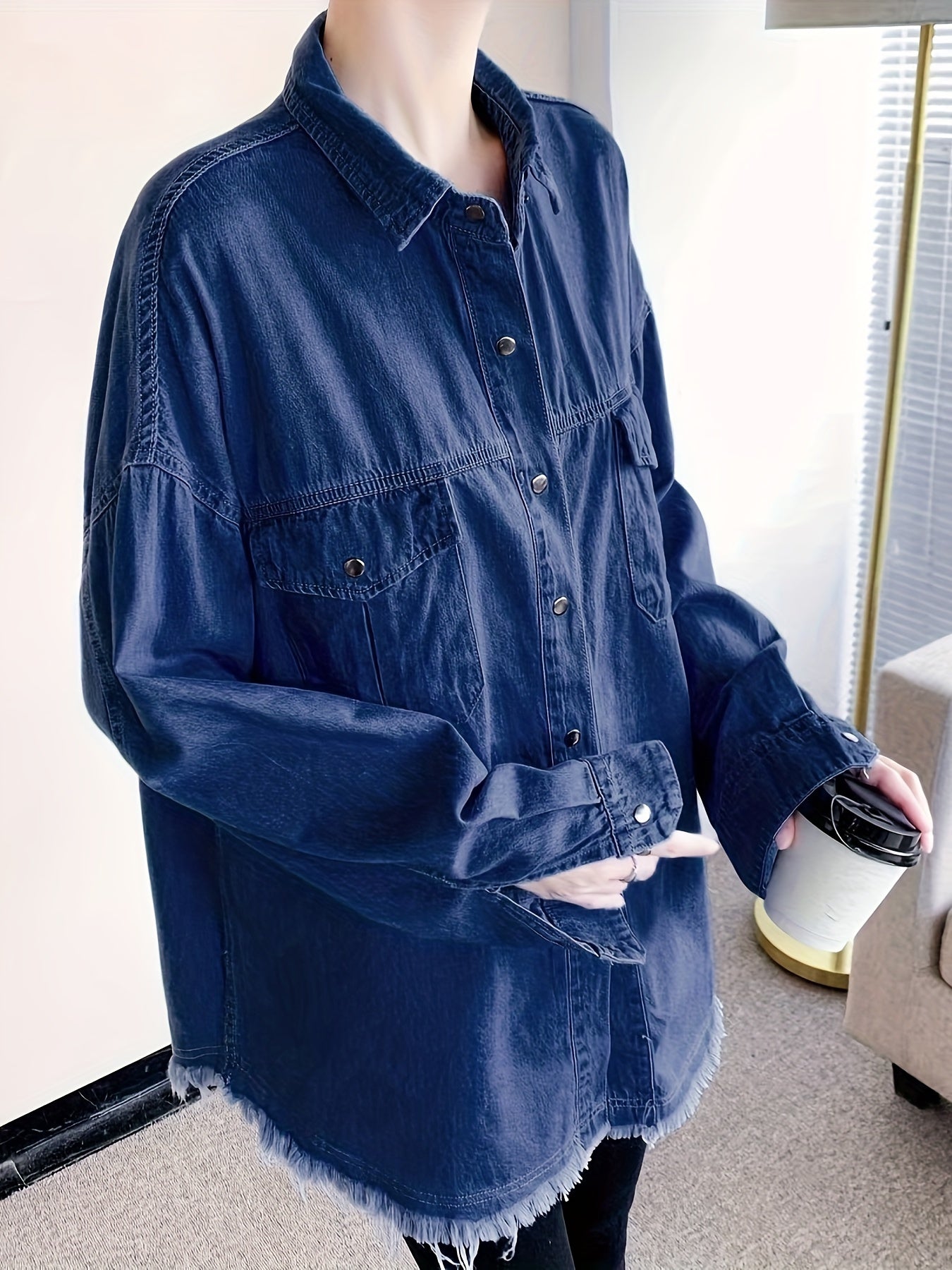 Women's Plus Casual Denim Blouse Solid Button Long Sleeve