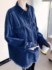 Women's Plus Casual Denim Blouse Solid Button Long Sleeve