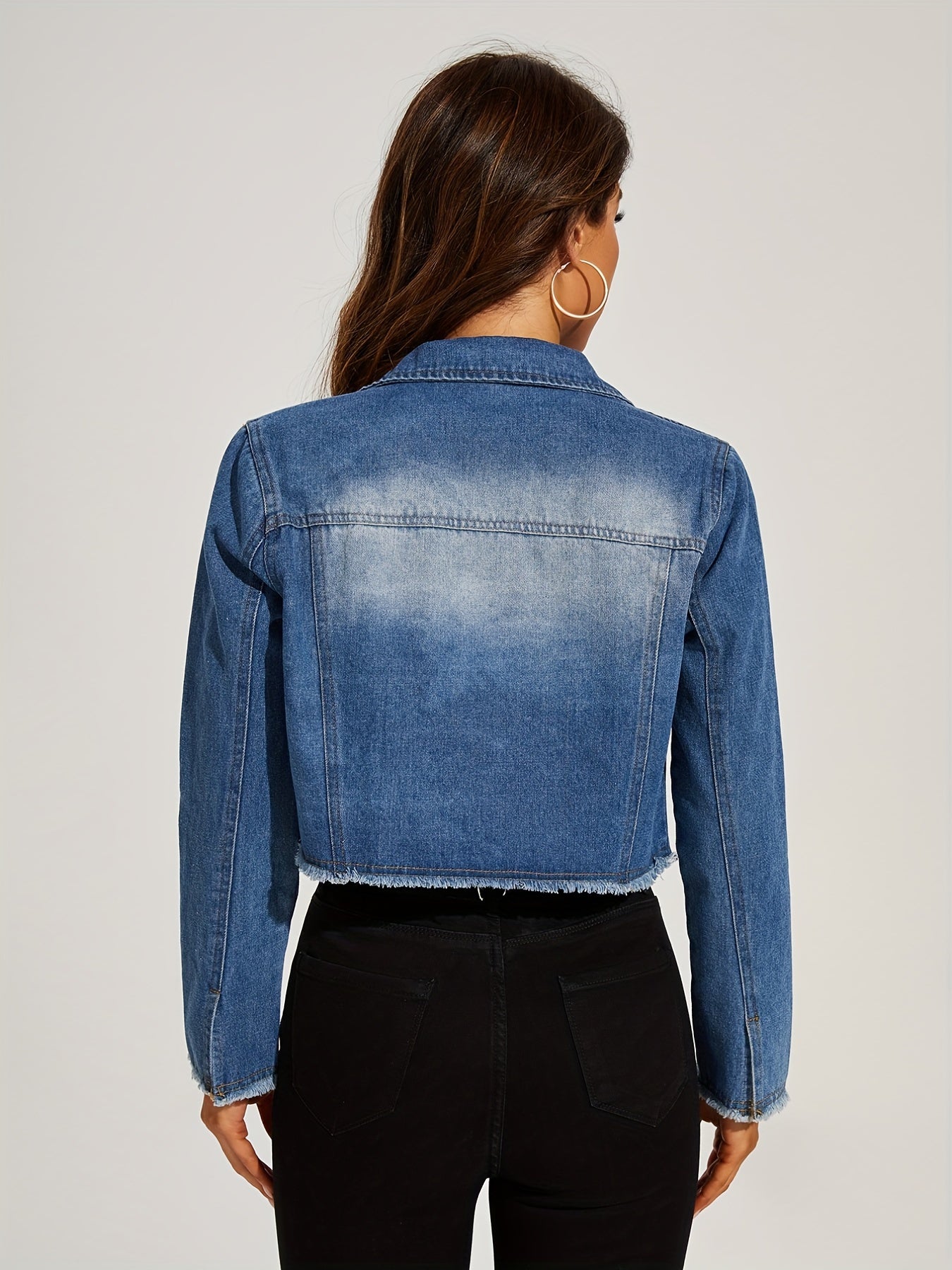Frayed Trim Denim Jackets Long Sleeves Single Breasted Button Lapel Denim Coats