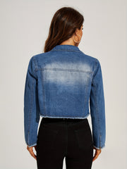 Frayed Trim Denim Jackets Long Sleeves Single Breasted Button Lapel Denim Coats
