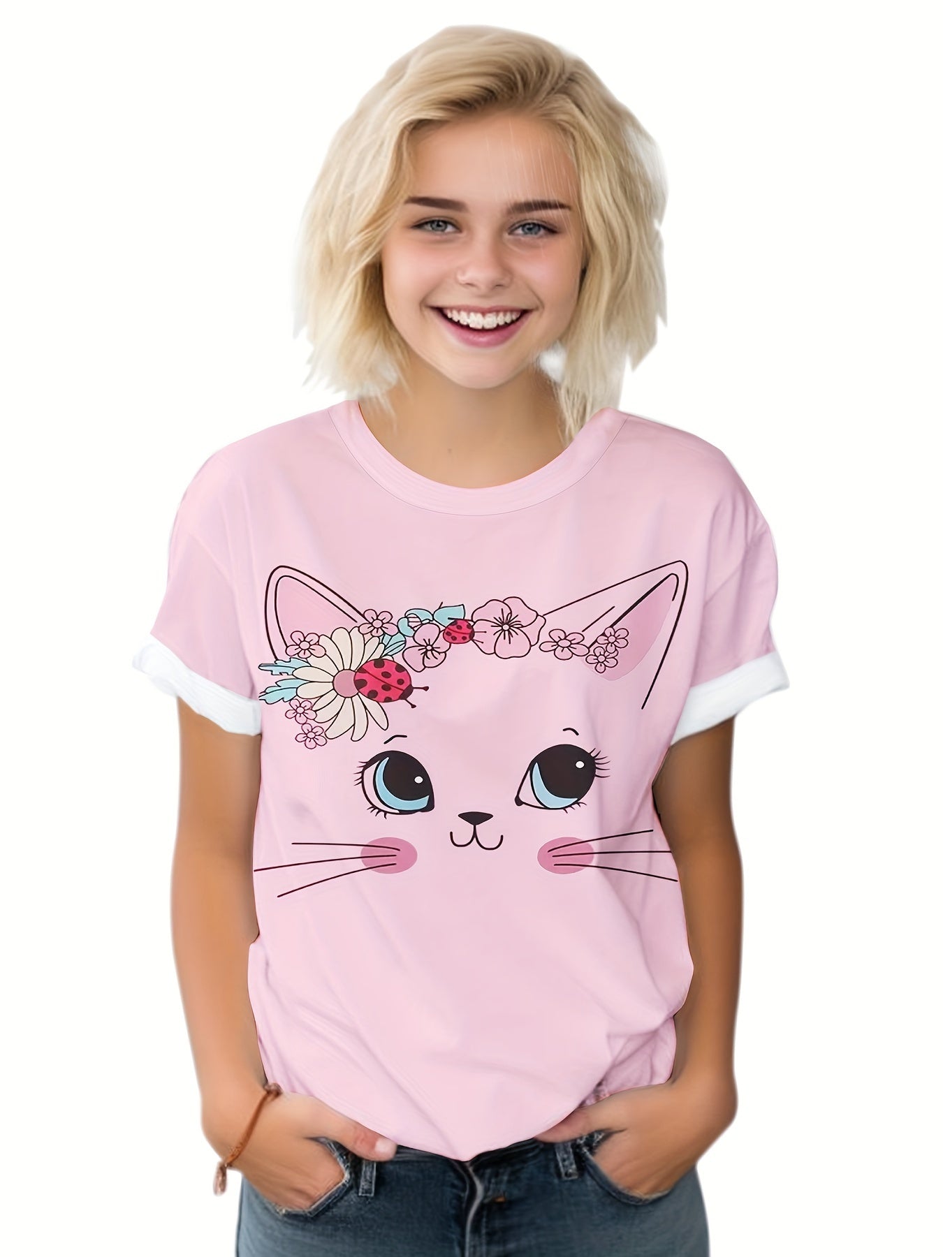 Kids Flower Kitty Graphic Short Sleeve T-shirt for Summer