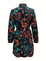 Floral Print Long Sleeve Plus Size Boho Dress with Tie Neck & Belt