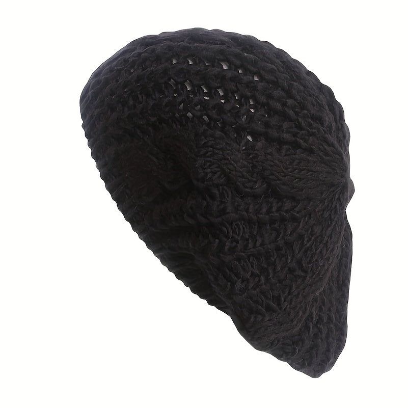 Vintage Ribbed Knitted Beret Solid Warm Knit Hat Elastic Lightweight Beanie