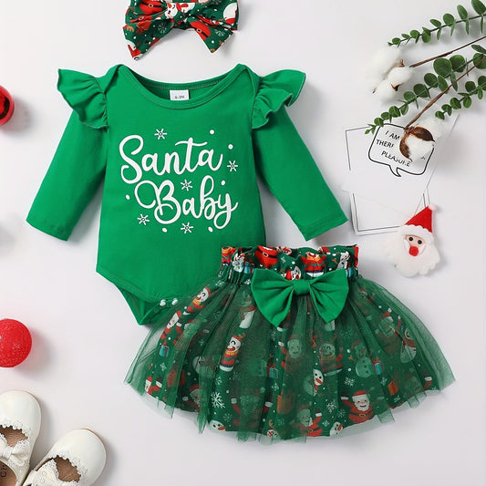 Baby Girls Christmas Outfit Long Sleeve Romper & Snowman Tulle Dress Set