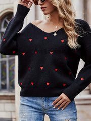 Heart Print Drop Shoulder V Neck Sweater