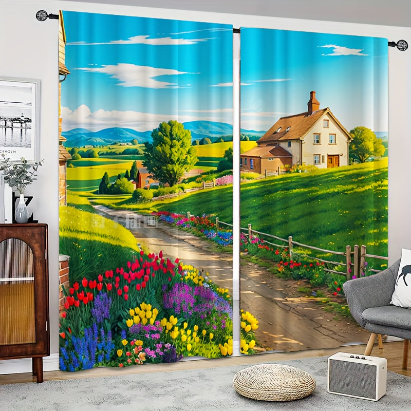 2pcs Flowers Blooming Scenery Curtains Tapestries Outdoor Decor