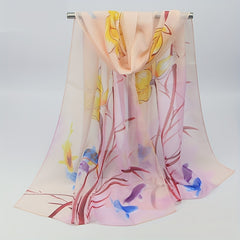 Lotus Printed Chiffon Silky Scarf Long Shawl Beach Scarf