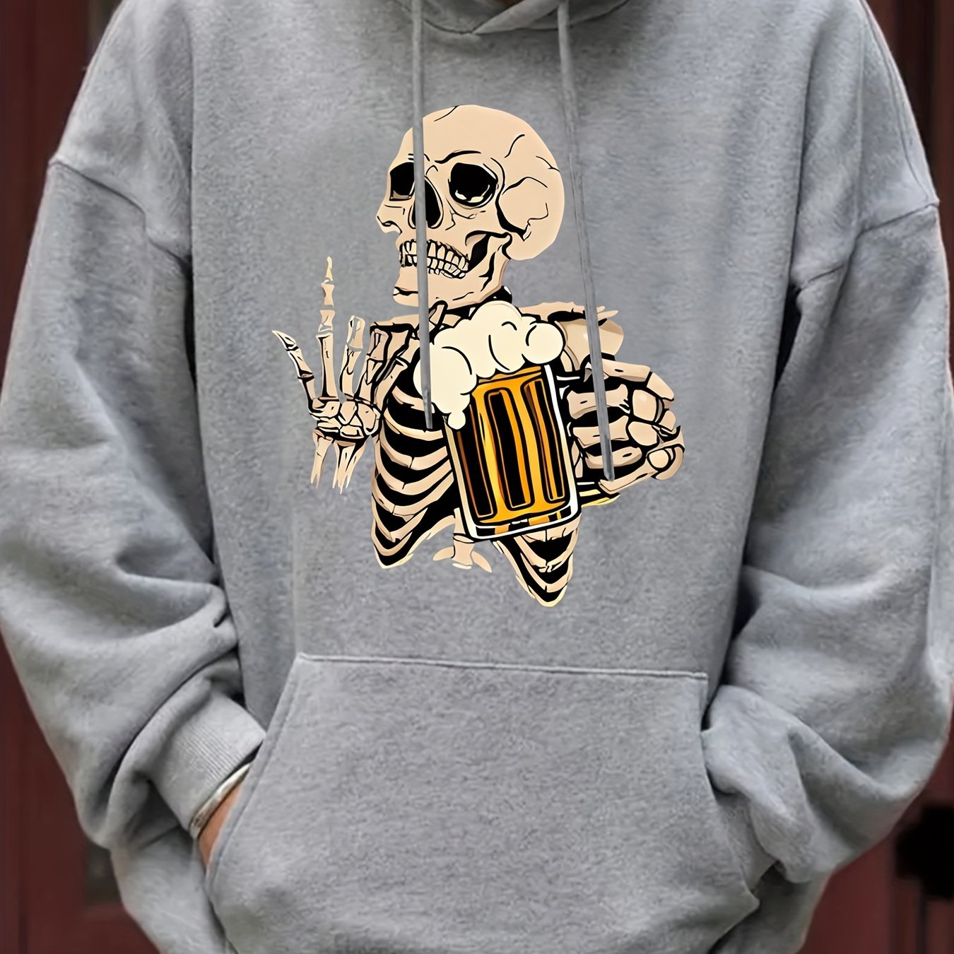 Skeleton Beer Print Hoodie Men's Pullover Sweatshirt