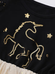 Girls Sequins Unicorn Embroidered Dress Stars Mesh Princess