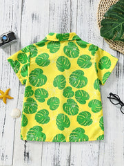 Boys Leaves Print Short Sleeves Shirt for Vacation Beach