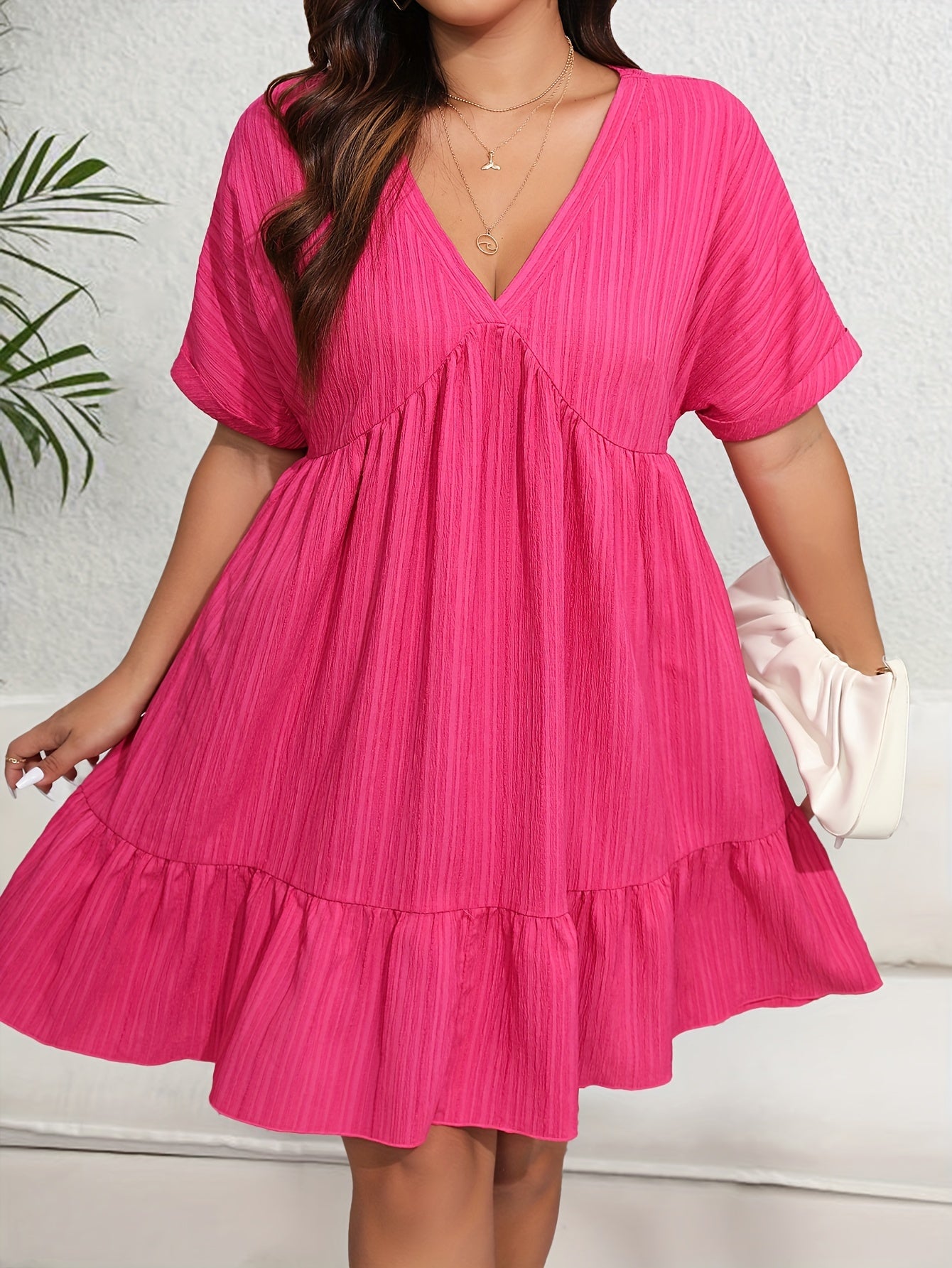 Polka Dot Ruffle Trim V Neck Smock Dress