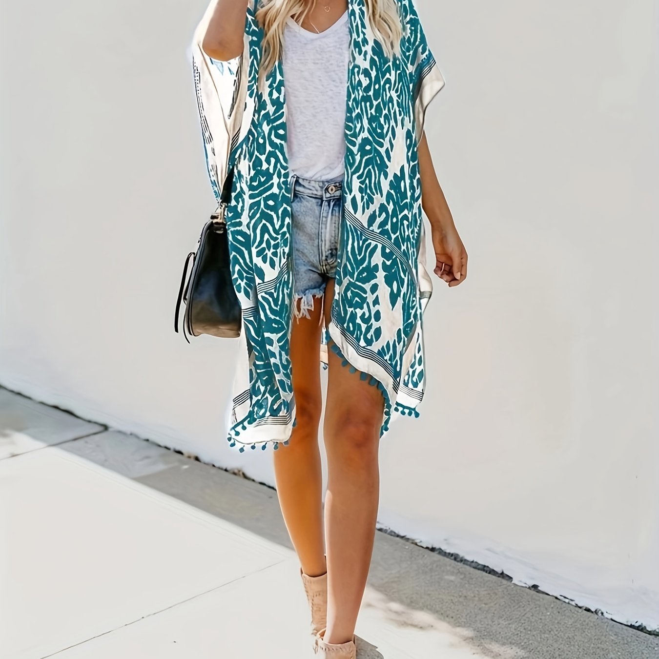 Pom Pom Decor Trim Cover Up Cardigan Batwing Sleeve Beach Cover Up