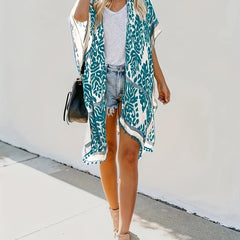 Pom Pom Decor Trim Cover Up Cardigan Batwing Sleeve Beach Cover Up