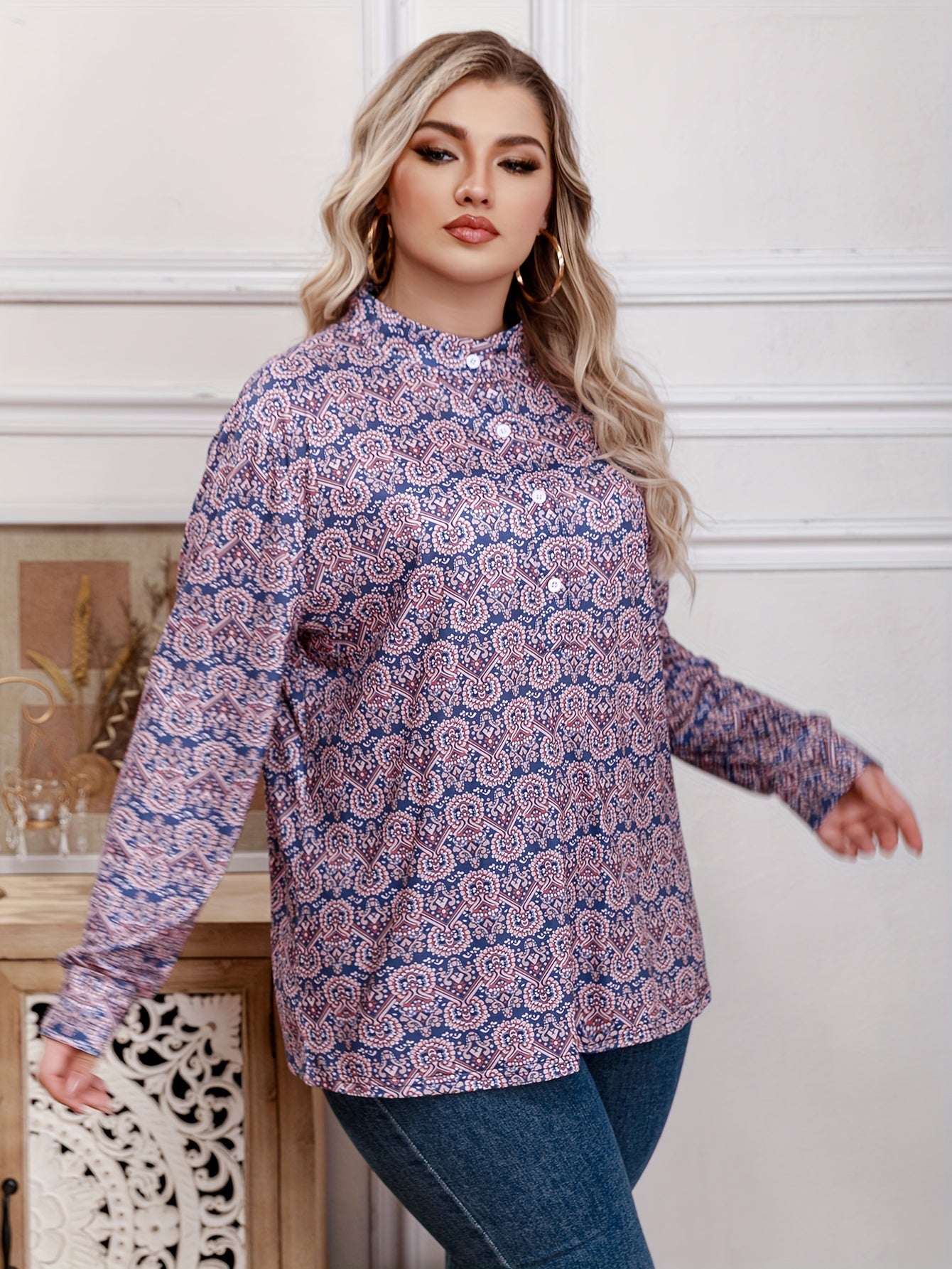 Boho Blouse Women's Plus Allover Print Mock Neck Pullover Shirt Top