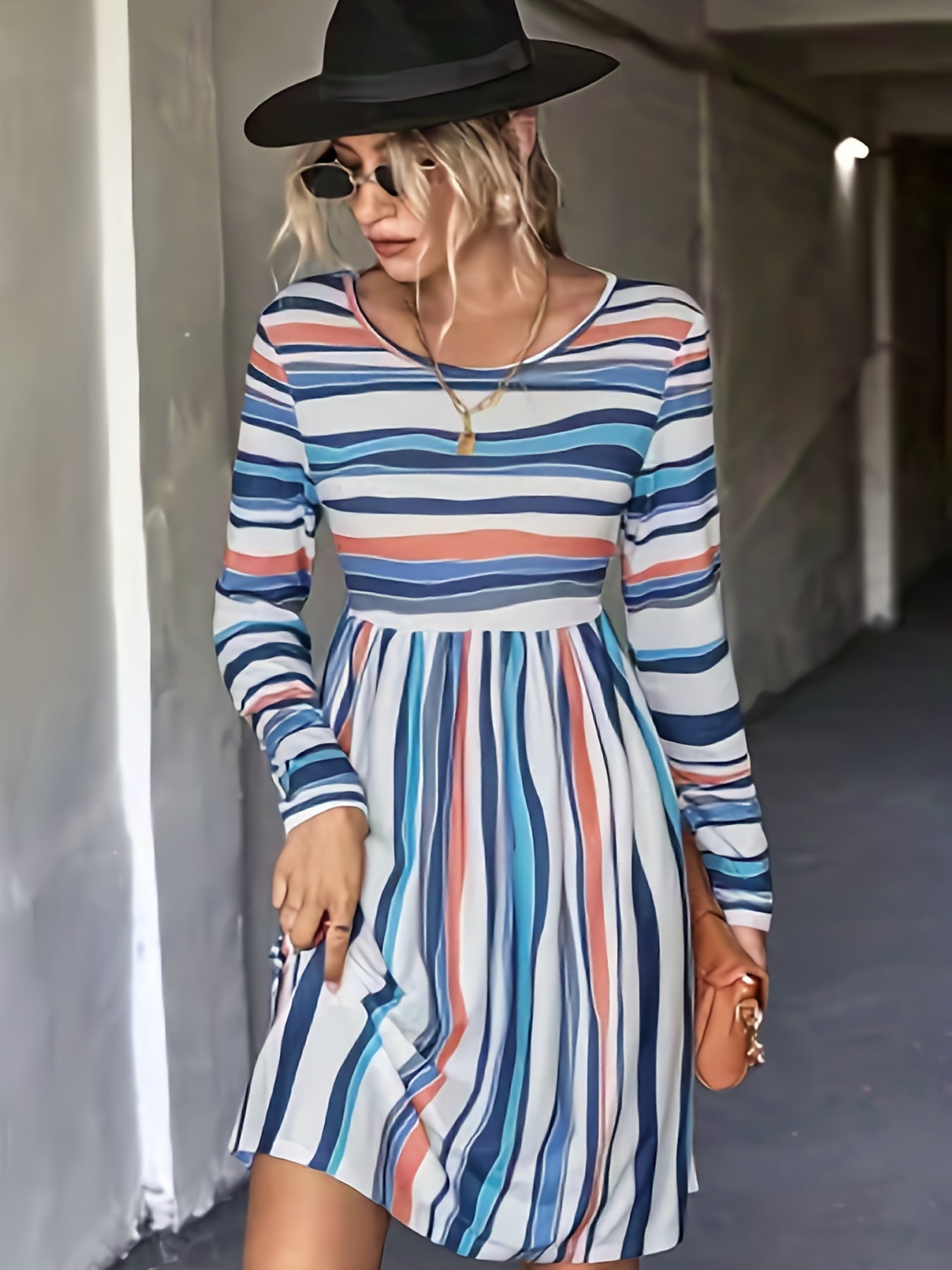 Women's Stripe Print Long Sleeve Casual Dress