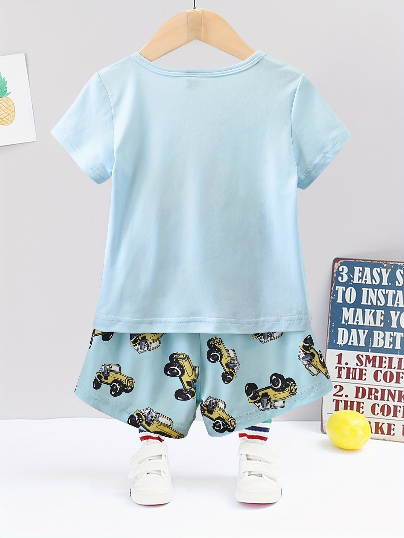 Boys Cartoon Truck Print Pajama Set Crew Neck Short Sleeve Top & Shorts