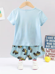 Boys Cartoon Truck Print Pajama Set Crew Neck Short Sleeve Top & Shorts