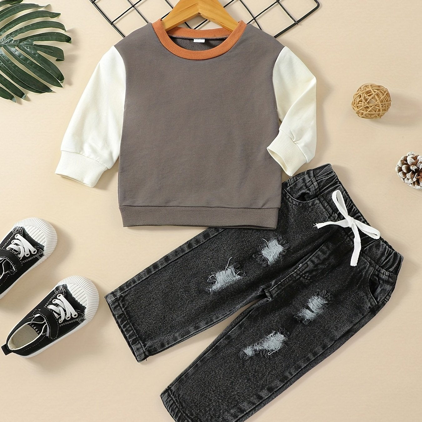 Toddler Boy's Block Sweatshirt & Ripped Denim Pants Set