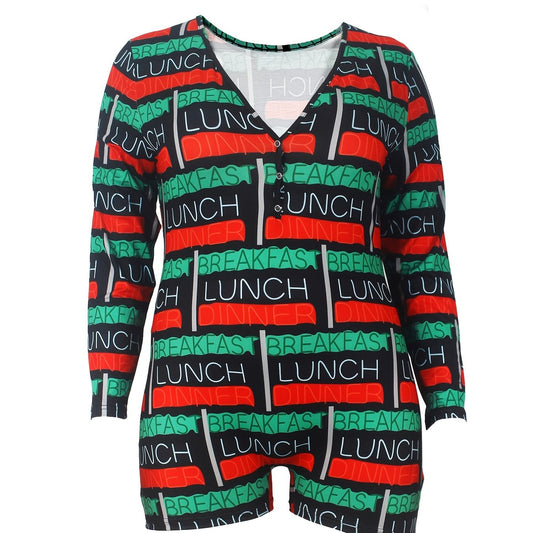 Letter Striped Long Sleeve Button Pajama Romper