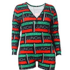 Letter Striped Long Sleeve Button Pajama Romper