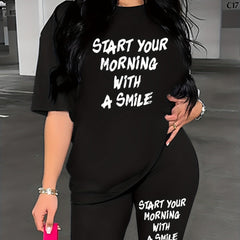 Casual Two-piece Set Crew Neck Short Sleeve Tee & Slim Shorts