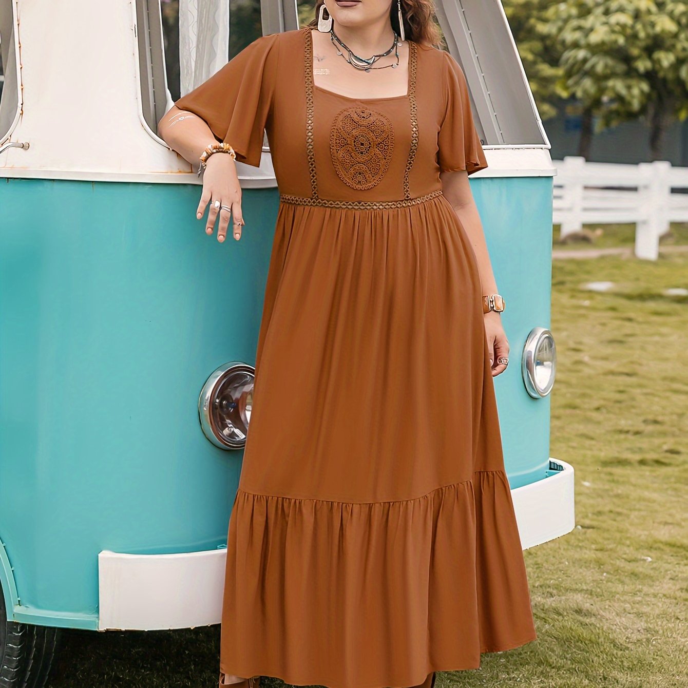 Boho Lace Maxi Smock Dress Short Sleeve Round Neck
