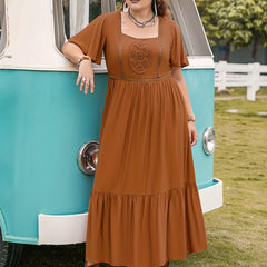 Boho Lace Maxi Smock Dress Short Sleeve Round Neck