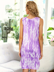 Tie Dye Sleeveless NightDress Crew Neck Pajama Dress Women's Sleepwear