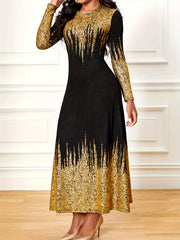 Colorblock Ombre Maxi Dress Long Sleeve Round Neck